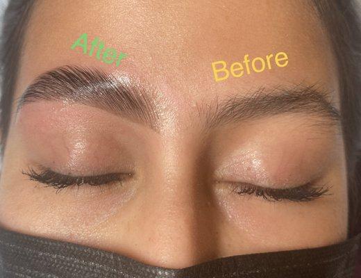 Brow Lamination with added tint and shaping.  Book Brow Trio or Brow Duo.  For this look.  Lasts 5-6 weeks