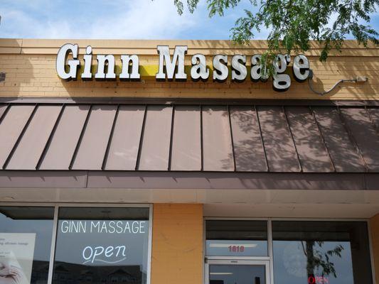 Ginn Massage storefront business sign