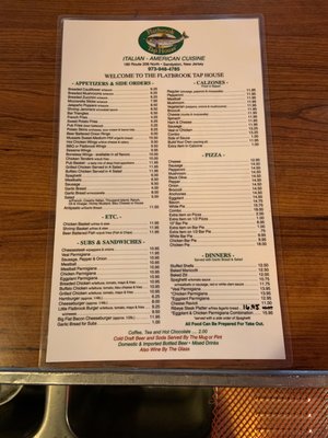 Updated Flatbrook Tap house menu august 2021