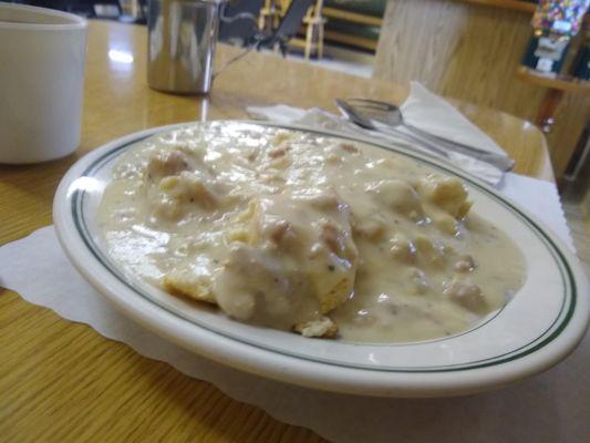 Sausage gravy over biscuits