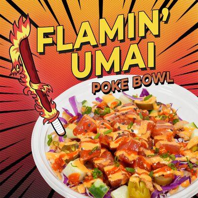 Slay your appetite with this fiery tuna poke bowl!  Jalapeños, purple cabbage, wonton crisps, and topped with fire sauce & sriracha.