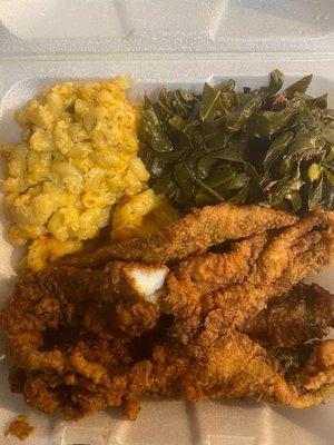 Large catfish, Baked Mac and Cheese and collard greens