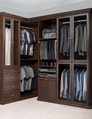 Warm, chocolate pear, premier walk-in closet design for the professional man