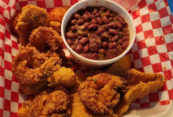 Catfish,  shrimp, hushpuppies,  red beans  and rice