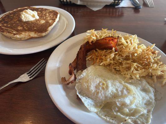 Breakfast. Really crispy hash browns, great pancake, crispy bacon