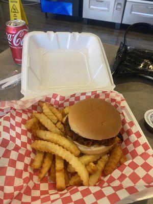 Pulled pork sandwich and fries