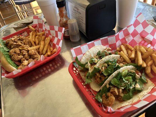 Shrimp tacos and Shrimp Poboy! Was delicious