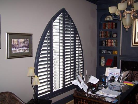 Custom color and odd shaped window made beautiful with Delta Blinds and Shutters.