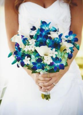 Blue Orchids, White Calla lilies, Aqua Hydrangeas and Stephanotis