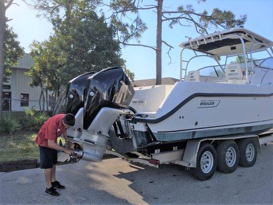 Getting ready to take this newly re-powered boat to the water for a prop test!