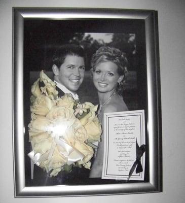 11" x 14" Silver Shadow Box with freeze dried flowers, wedding invitation & a gorgeous photo of the newlyweds!