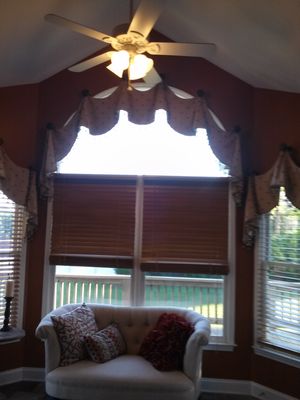 Oxford Arched Valance is Custom Made to fit arched windows. Gorgeous embroidered fabric with decorative trim. Installed on 6 wood medallions