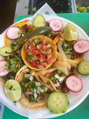 TACOS: Carne Asada, Cabeza, al pastor, Tripitas, Camarón, Birria, Chorizo.