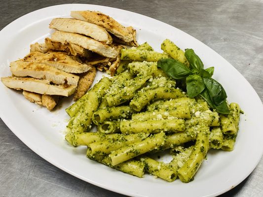 Basil pesto pasta with homemade grilled chicken breast!