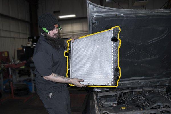 Radiator replacement on a Jaguar.