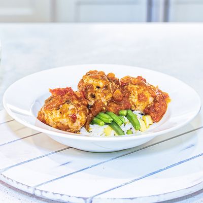 Moroccan turkey meatballs over fresh green beans and jasmine rice