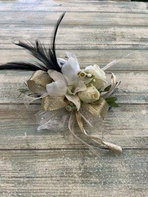 Gold White Black wrist corsage