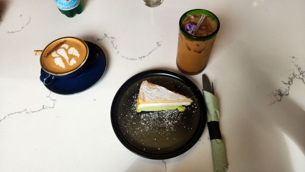 Cappuccino, Iced oat cinnamon latte and pistachio cake!