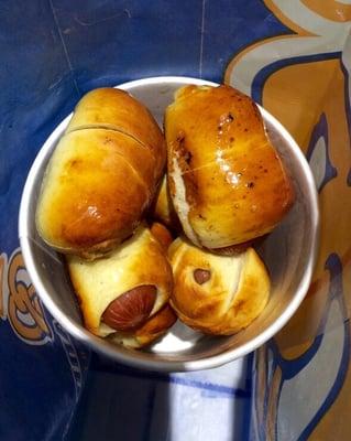 Mini pretzel dogs - very yummy, but often you have to wait 10 or so minutes for them when it's supposed to be fast food.