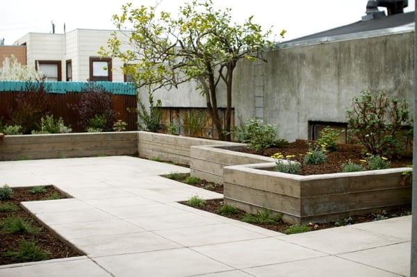 concrete patio, concrete wall, planting beds