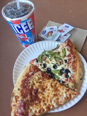 Cheese & Vegetable Pizza Slices with Diet Pepsi