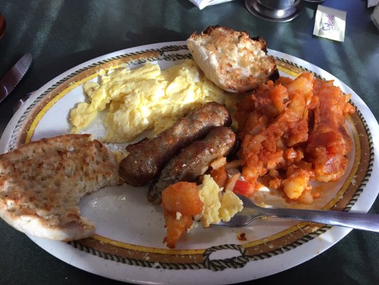 Perfect scrambled eggs with sausage links, spicy home fries and a toasty English muffin.