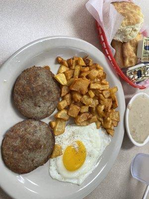 Eggs, sausage home fries, biscuits and gravy