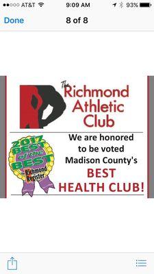 Voted Best Health Club in Madison County 2017 and 2018! We were also voted as having the friendliest employees and best Shakes in town!