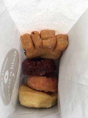 Top to bottom: Blueberry bear claw, red velvet, strawberry (AMAZING), and plain