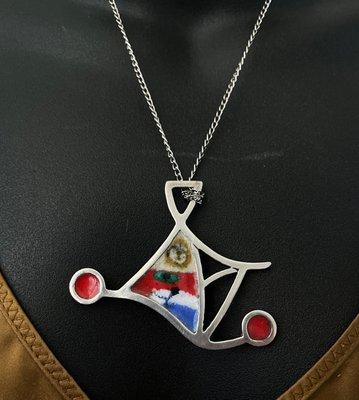 Sterling Silver shape based on Painter Miro, fired enamel on the inside design by Miro.