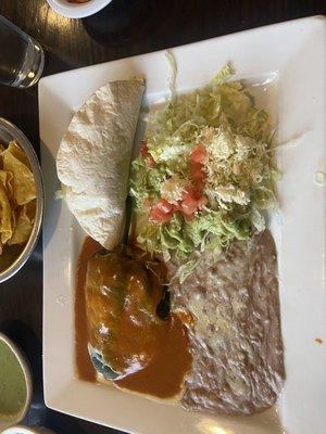 Lunch special #1 with soft taco, chili relleno, beans and guacamole salad