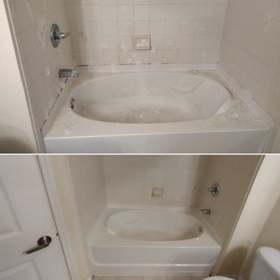 Before and after if a dirty bathroom tub.