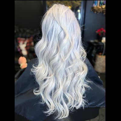 Stunning icy white blonde, platinum hair.