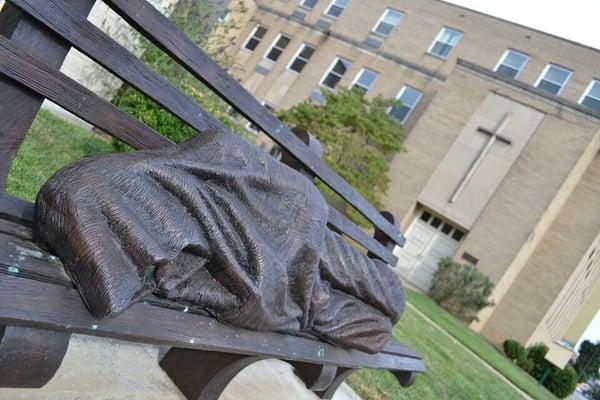 Very moving "Homeless Jesus" statue in the courtyard.