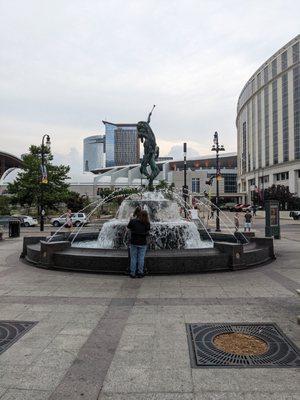 The fountain with Bridgestone Arena in the background