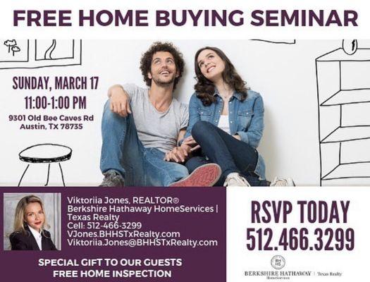 I'm holding Free Home Buying Seminars! If you have more questions please contact me 512-466-3299 Viktoriia.