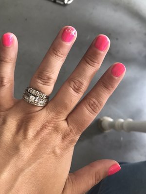 Hot pink gel mani with a little silver glitter glitz on the tops of my Ring fingers