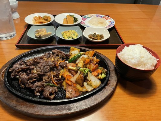 Bulgogi with ban chan. Back right ban chan is the thinly sliced radish mentioned in my review.