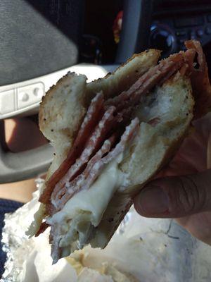 Bites in my Poppy seed bagel with regular cream cheese and Taylor Ham. Delish!