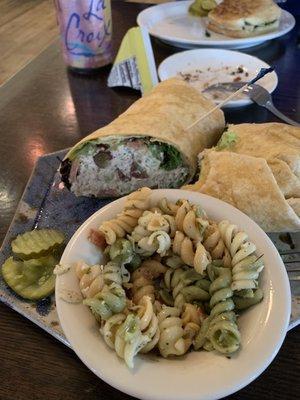 Chicken salad wrap and pasta salad side