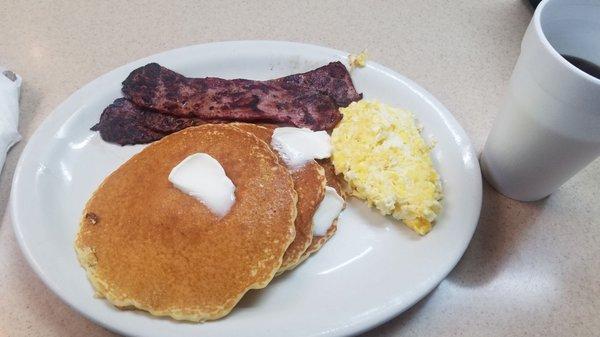 Turkey bacon, pancakes, and scramble