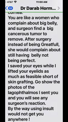 Dr Hormozi text response in August 2023, when sent pic day 9/30/2022hour before he did lower blep mid face lift, ask why now eye retracted