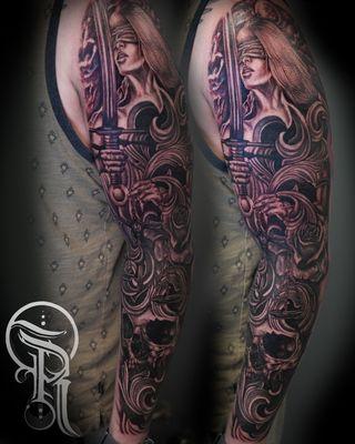 Lady Justice sleeve 
tattoo by @artofemarid 
emari Donahue