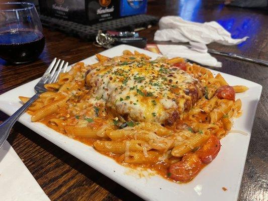 Chicken parm over penne pasta. So good!!!