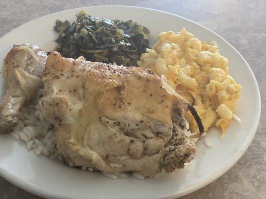 Bake chicken served with two homemade sides of your choice.