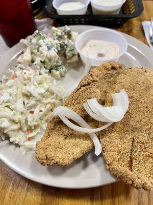 Catfish, Cole slaw and Amish Salad with homemade tartar sauce