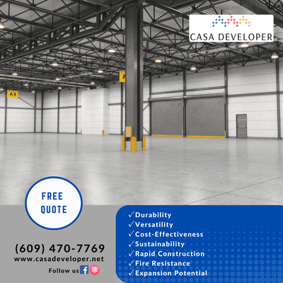 Need a warehouse? Consider metal! Here's why you should contract Casa Developer:
 Durable: Stands strong against weather!
 Versatile