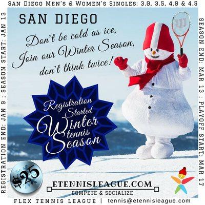 The registration for the San Diego Winter Season is ongoing! Register: www.etennisleague.com/dashboard