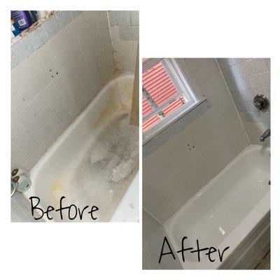 A bathtub before our cleaning and after with our work.