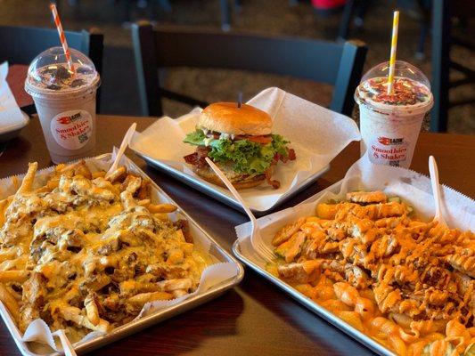 Loaded Mac and cheese, garage fries. Burger, shake